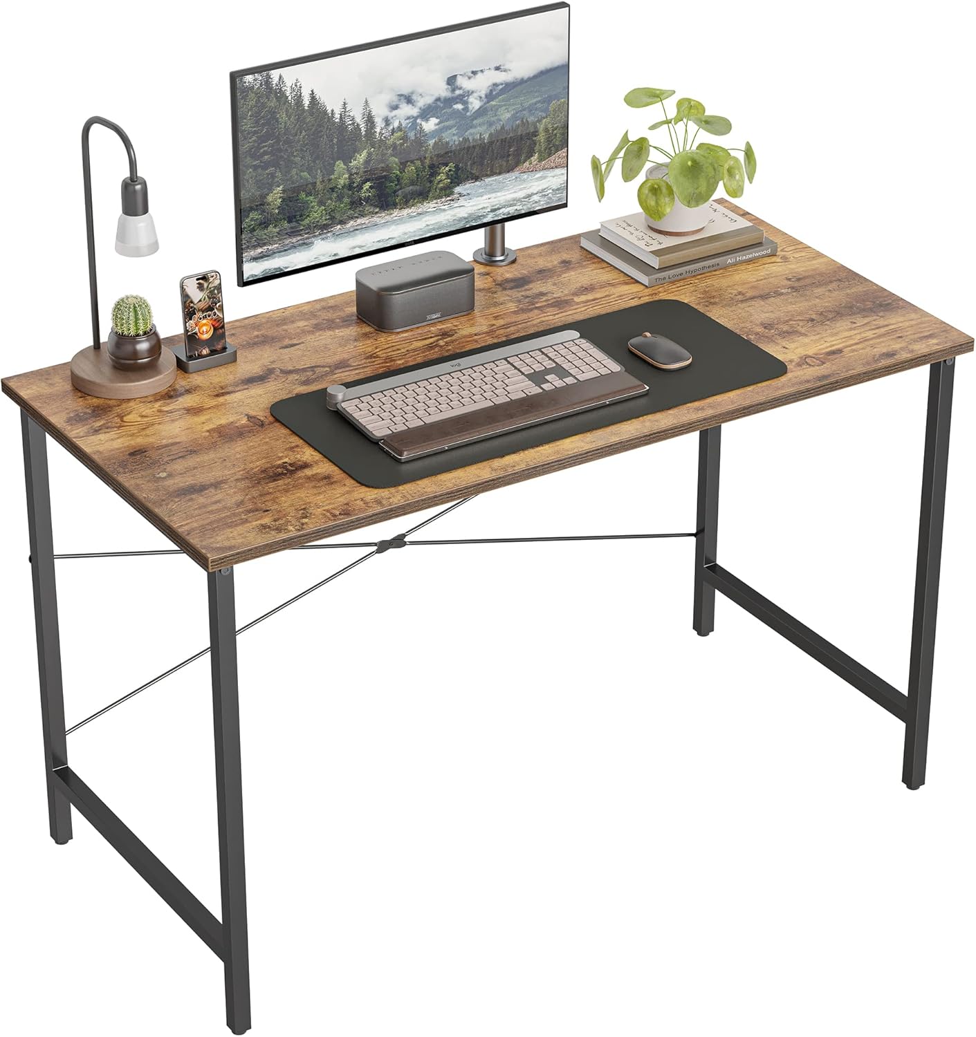 CubiCubi Computer Desk 47" Study Writing Table for Home Office, Modern Simple Style PC Desk, Black Metal Frame, Deep Brown