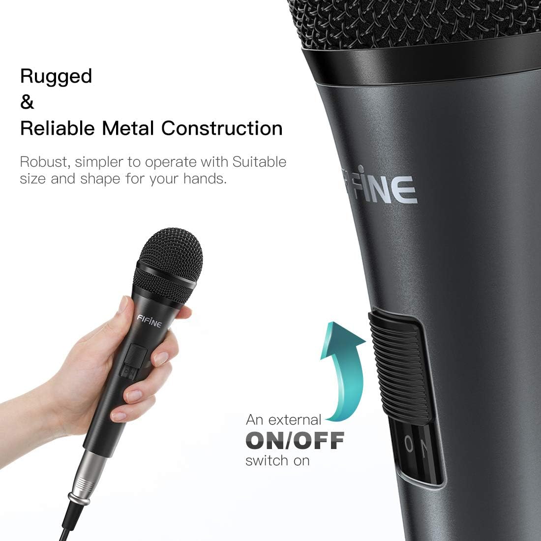 Fifine Karaoke Microphone, Dynamic Vocal Microphone for Speaker, 6.35MM Wired Handheld Mic with On and Off Switch and 14.8ft Detachable Cable-K6 - Image 5