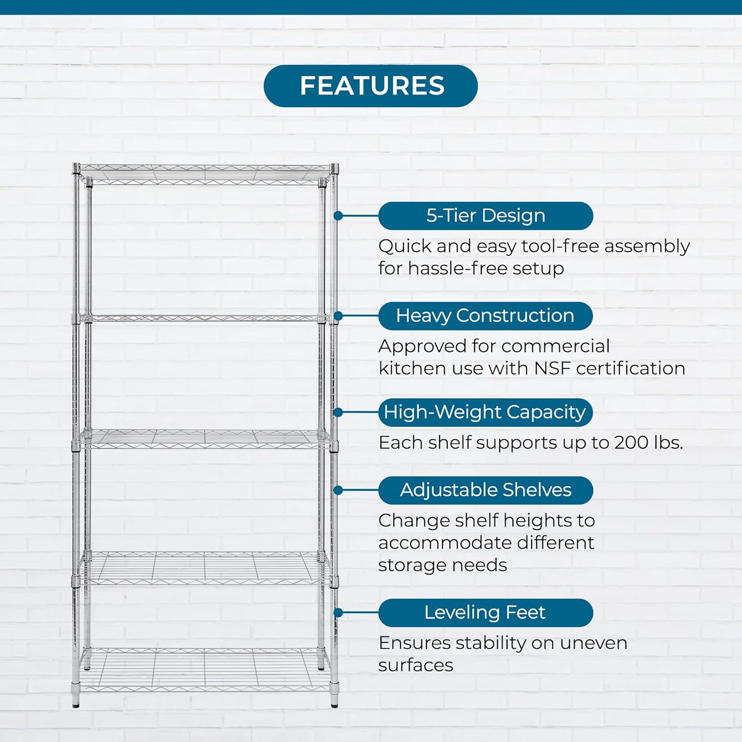 Honey-Can-Do 5-Tier Heavy Duty Adjustable Shelves, Metal Storage Rack with 200-lb Shelf Capacity, Chrome, 14" W x 36" L x 72" H - Image 4