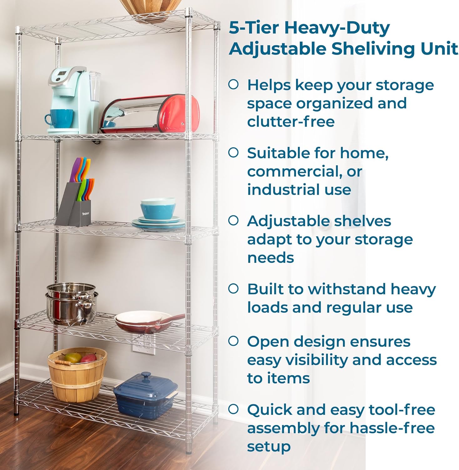 Honey-Can-Do 5-Tier Heavy Duty Adjustable Shelves, Metal Storage Rack with 200-lb Shelf Capacity, Chrome, 14" W x 36" L x 72" H - Image 5