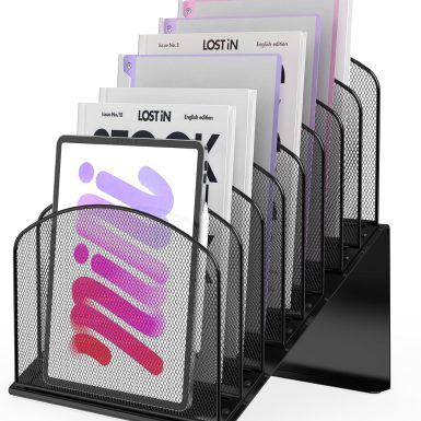 Inclined Desk File Organizer Metal Desk Magazine Folder Holder with 8-Section Vertical Compartments Rack File Organizer for Office, Home, School, Black