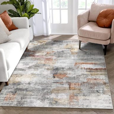vivorug Washable Rug, Ultra Soft Area Rug 4x6, Non Slip Abstract Small Rug, Stain Resistant Rugs for Living Room Bedroom, Modern Fluffy (Gray/Rust, 4'x6')